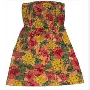 Strapless Summer Dress with Elastic Waist, Red Hibiscus, Floral Y2K Style